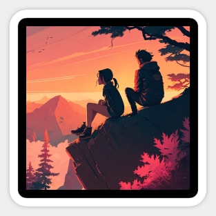 Mountain Hiking Sunset, Adventure Travel Couples Sticker